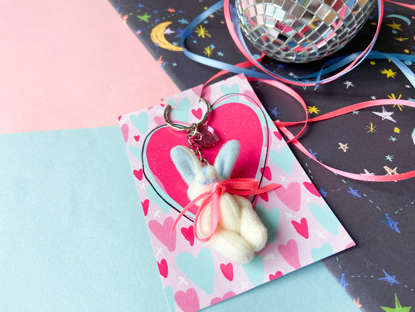 Pink and Blue Heart Friendship Bunnies Keychain, Harries Gift