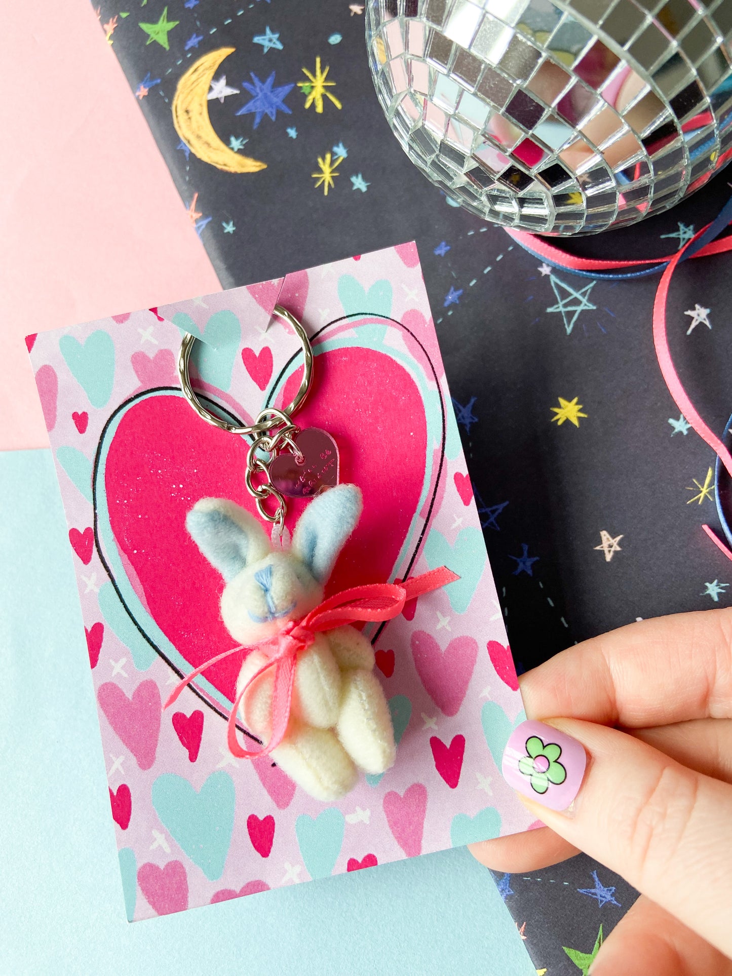 Pink and Blue Heart Friendship Bunnies Keychain, Harries Gift