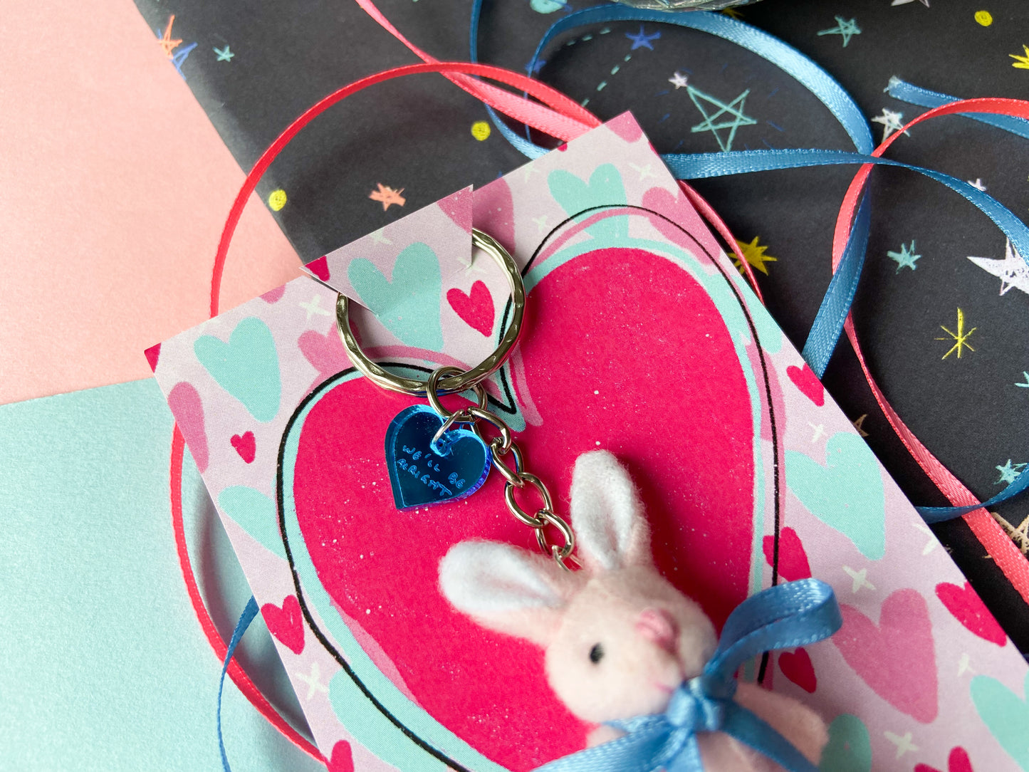 Pink and Blue Heart Friendship Bunnies Keychain, Harries Gift