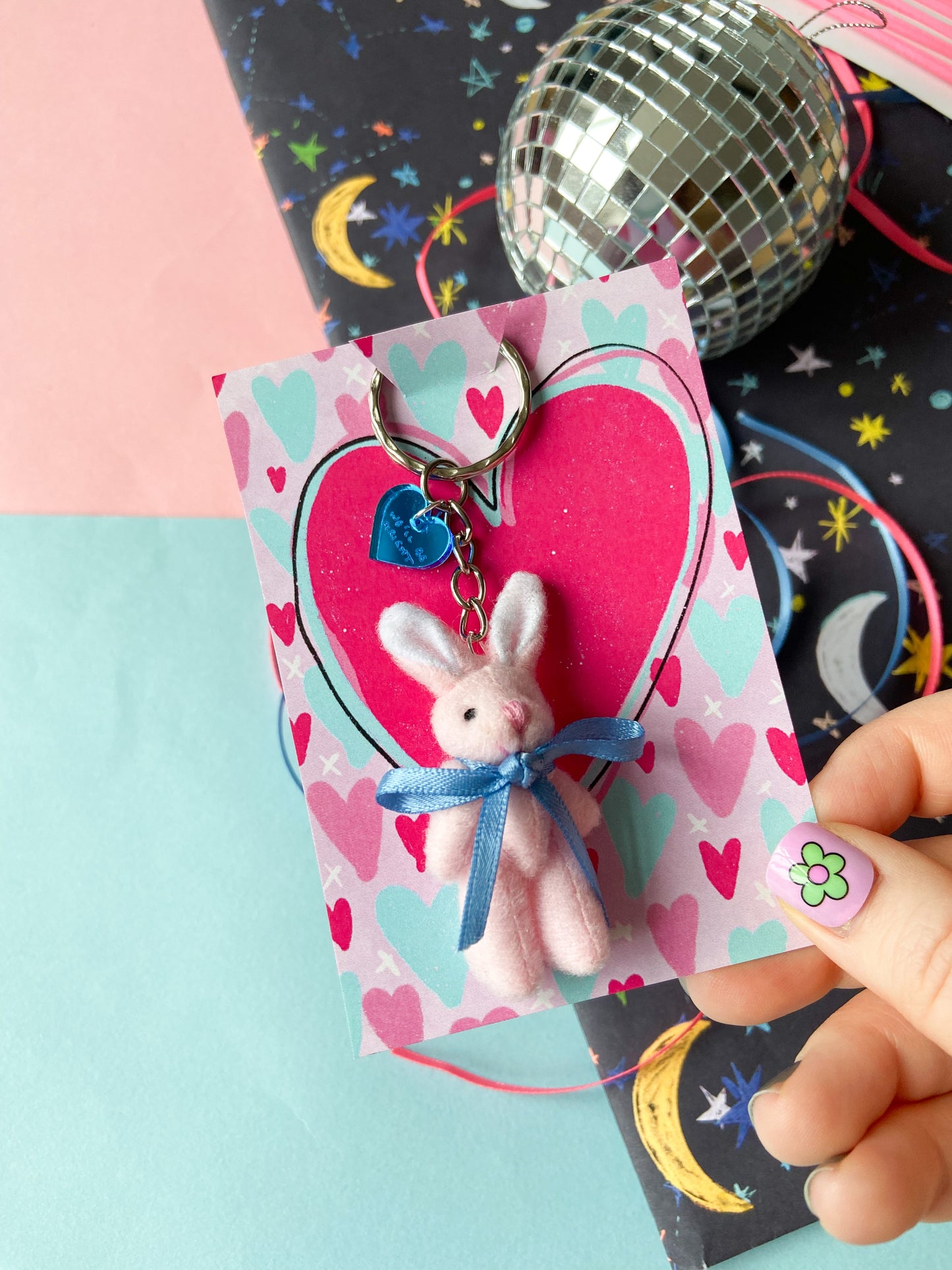 Pink and Blue Heart Friendship Bunnies Keychain, Harries Gift