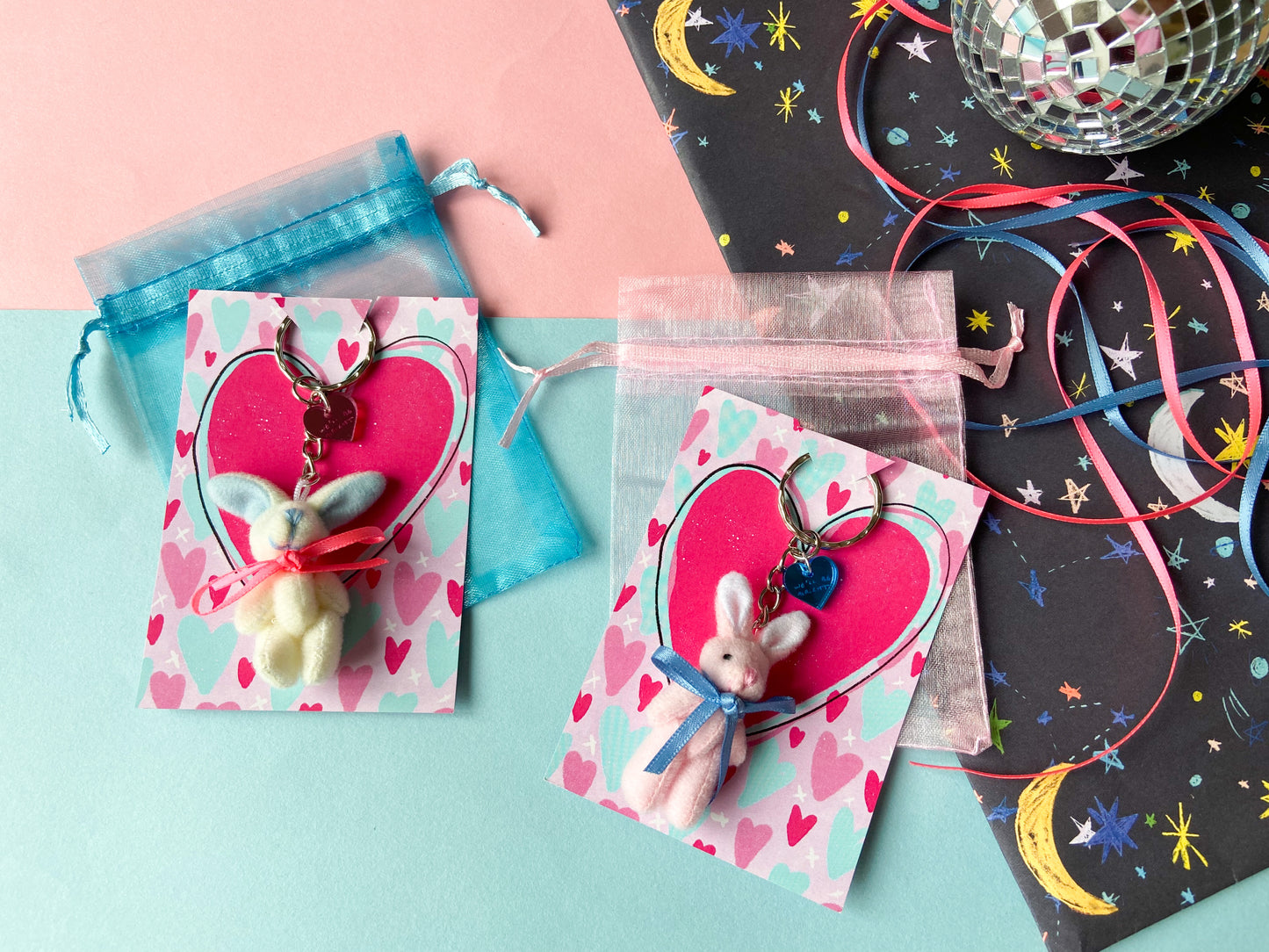 Pink and Blue Heart Friendship Bunnies Keychain, Harries Gift