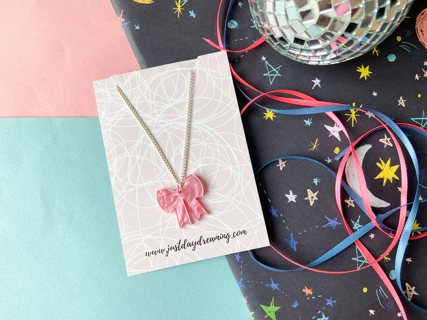 Pink Bow Necklace, Cute Christmas Jewellery