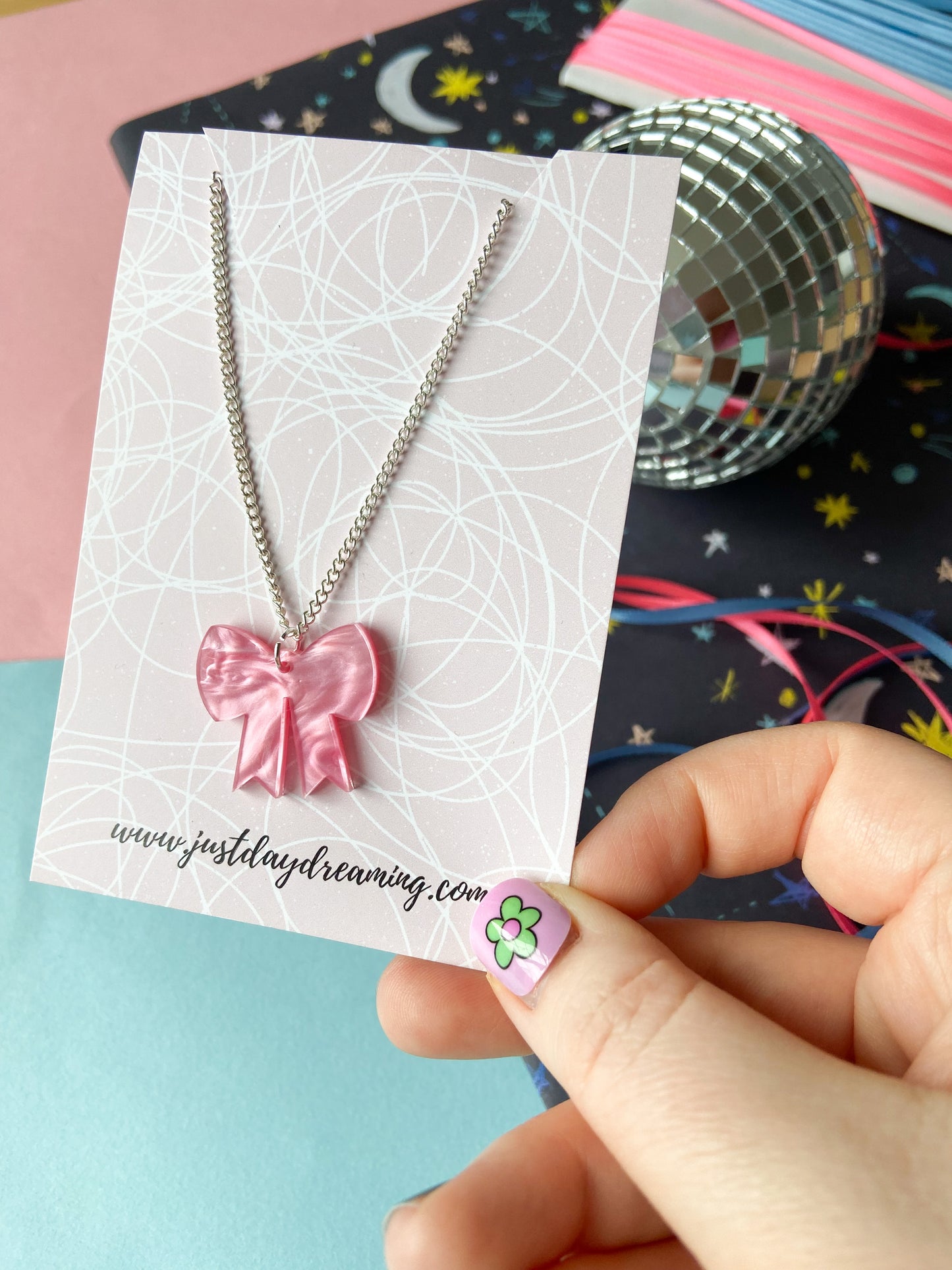 Pink Bow Necklace, Cute Christmas Jewellery