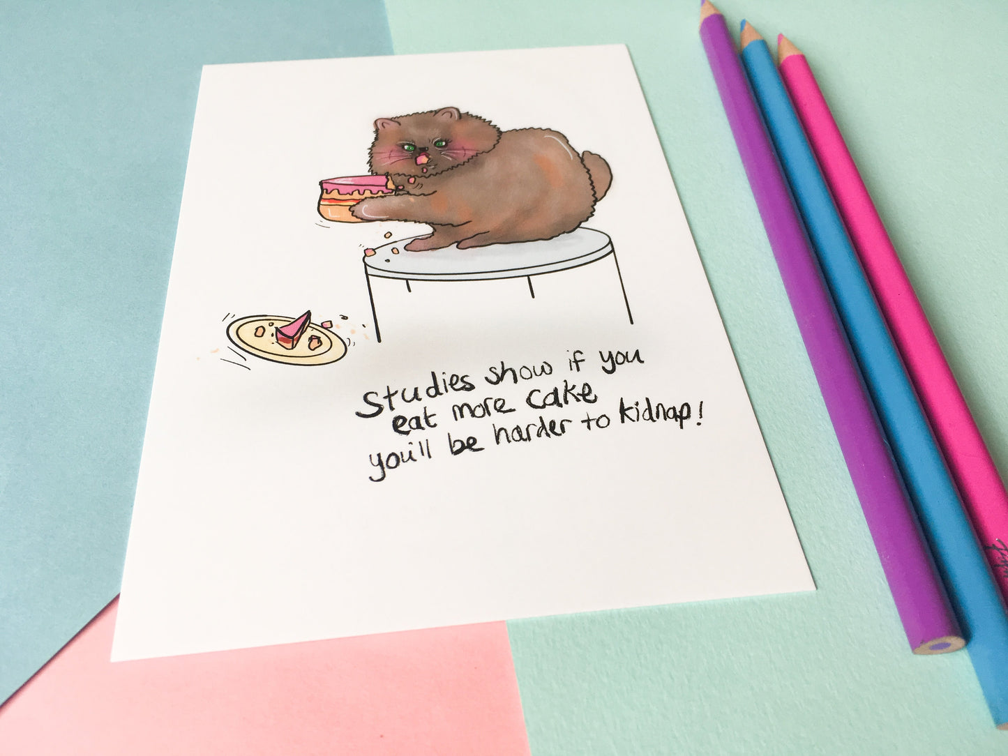 Funny Cat Postcard, Eat Cake You're Harder to Kidnap