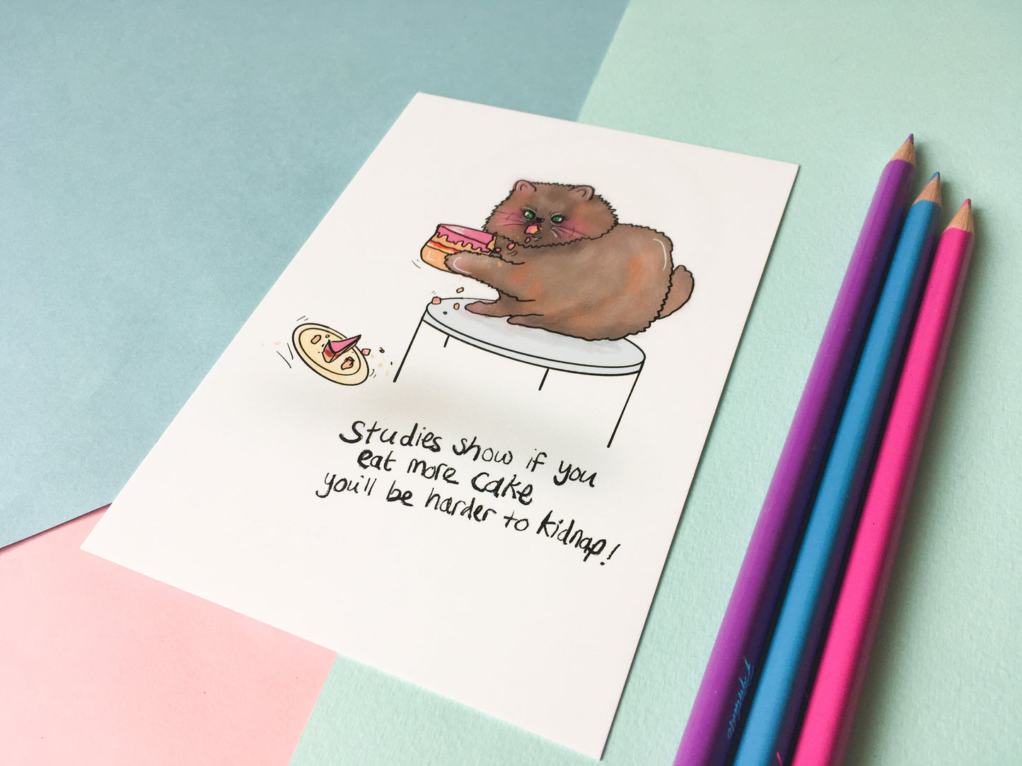 Funny Cat Postcard, Eat Cake You're Harder to Kidnap