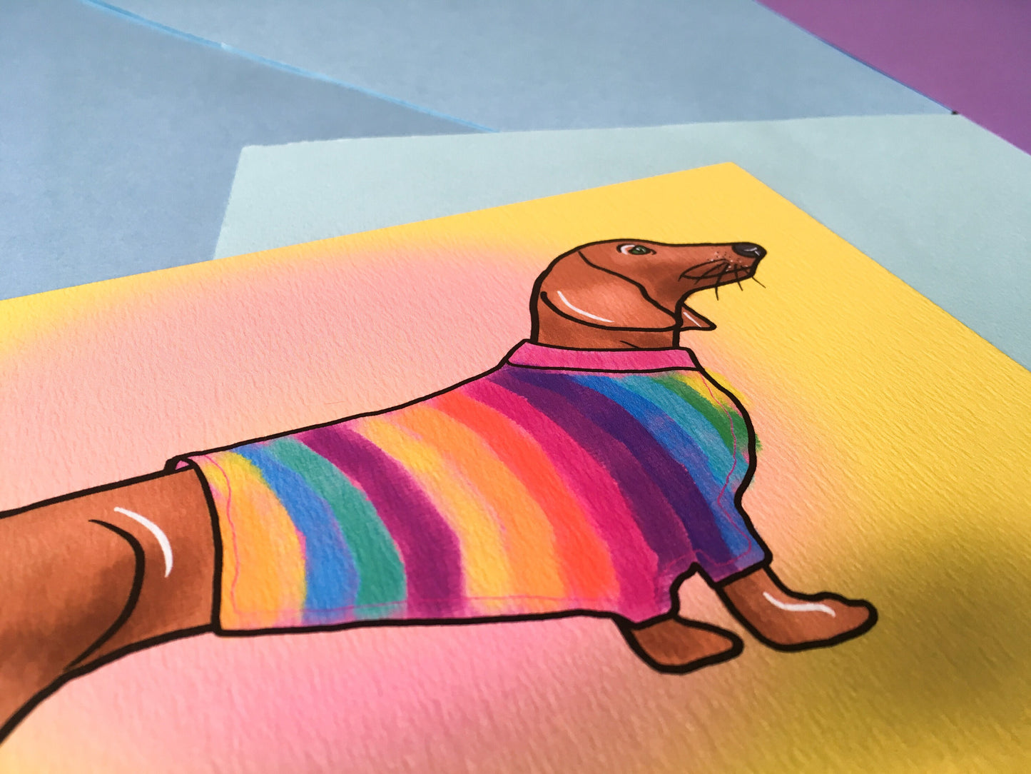 Dachshund in Rainbow Jumper A4 Print, Sausage Dog Art