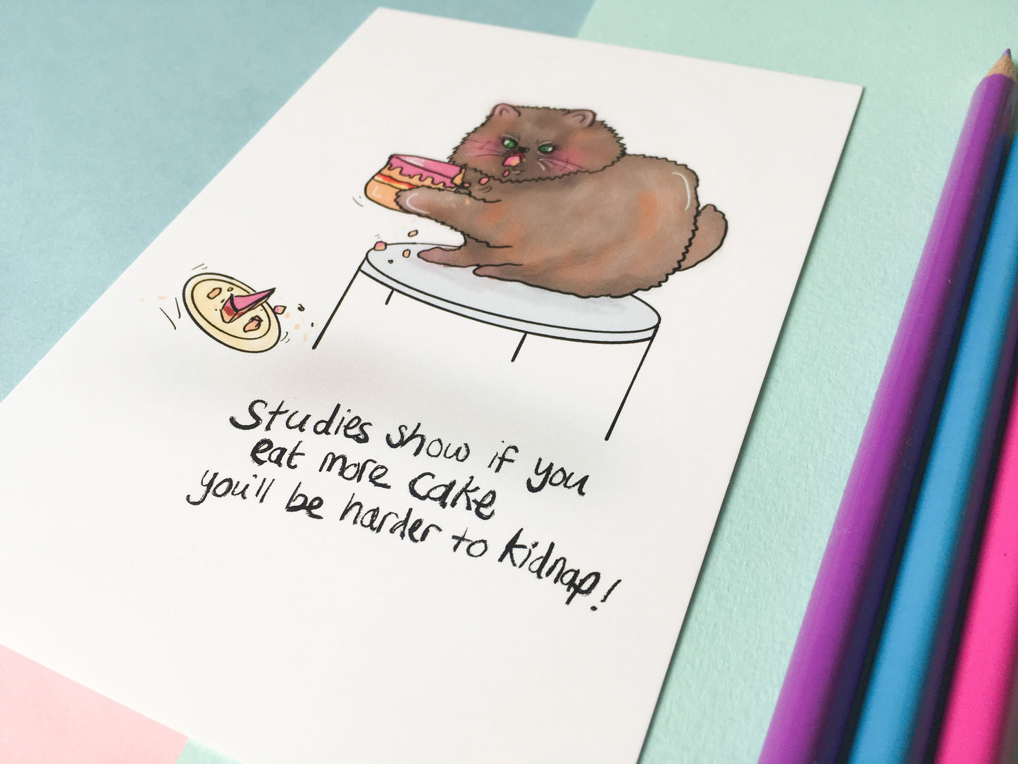 Funny Cat Postcard, Eat Cake You're Harder to Kidnap