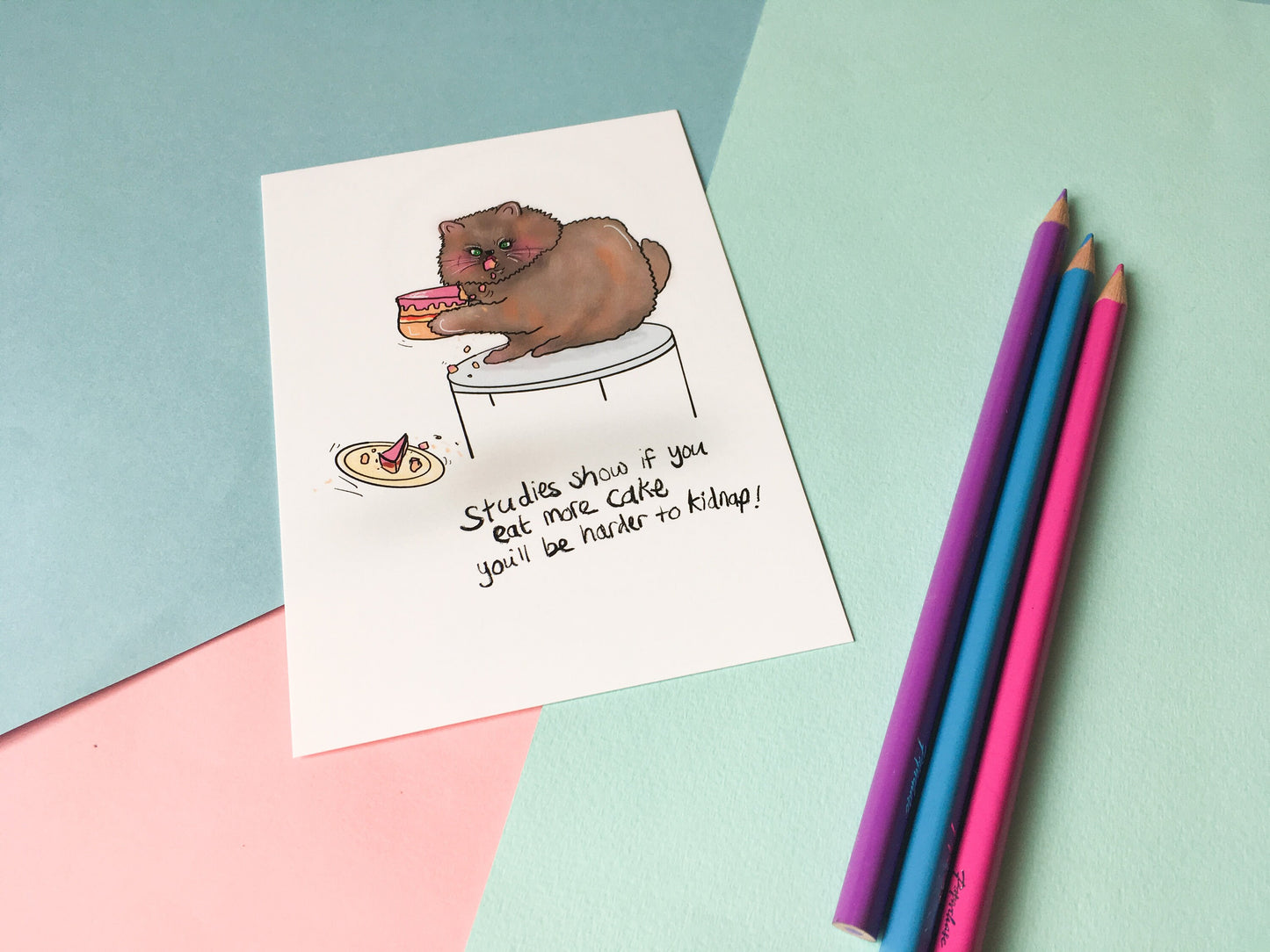 Funny Cat Postcard, Eat Cake You're Harder to Kidnap