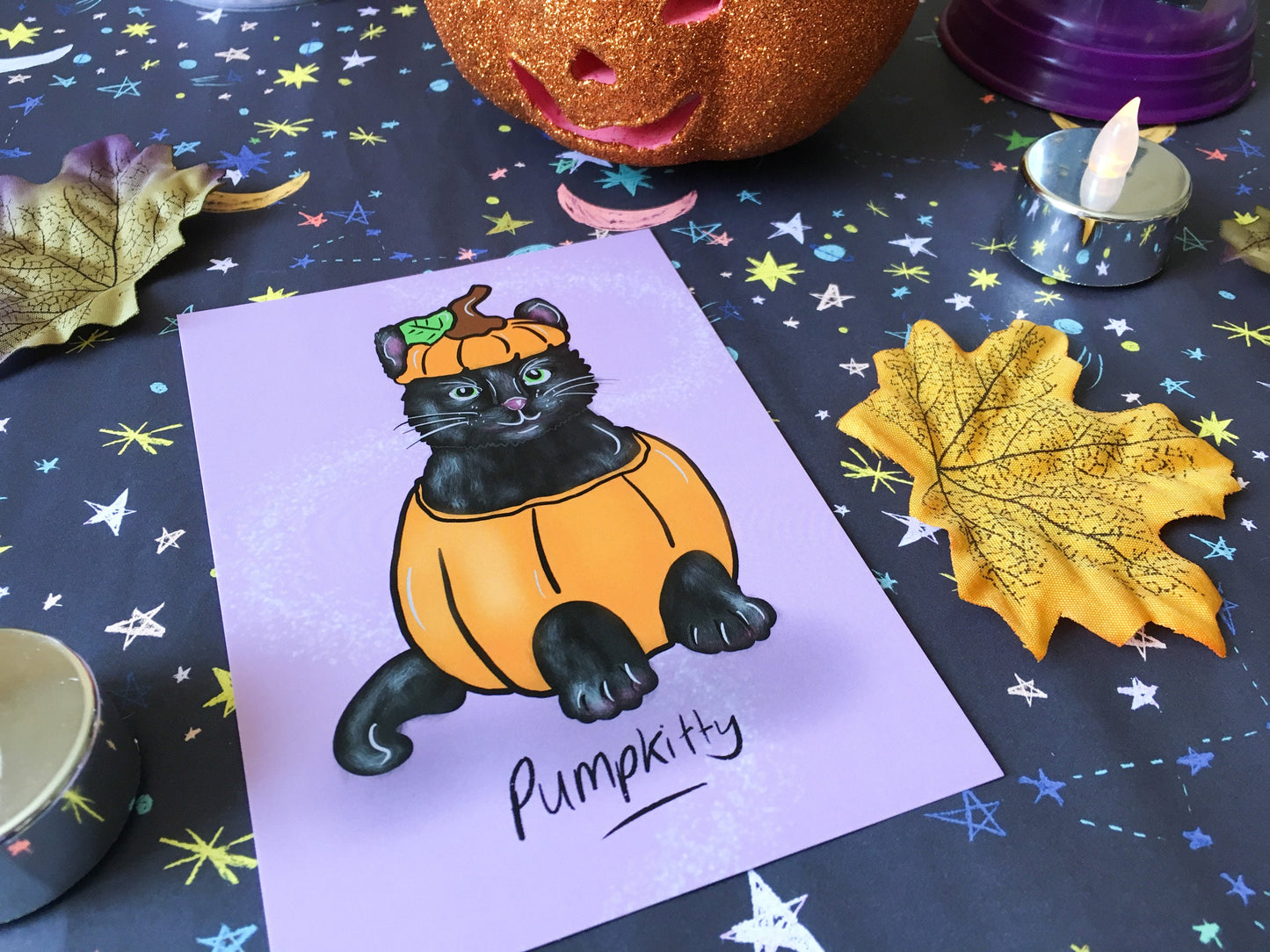 Halloween Black Cat Pumpkin A6 Postcard