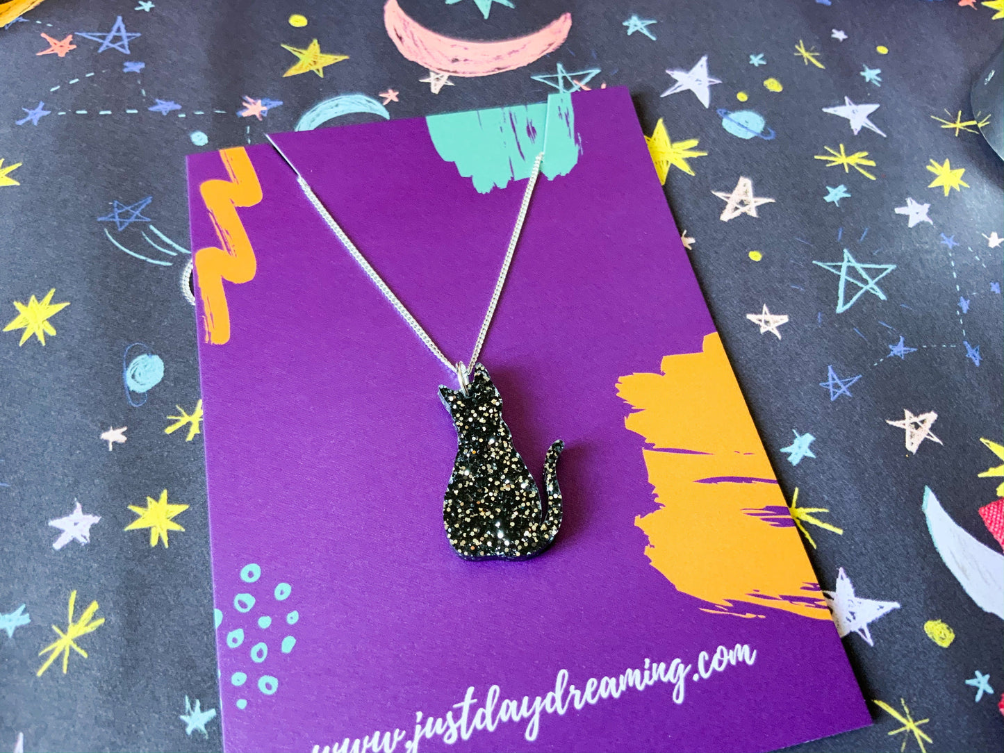 Black Cat Glitter Necklace, Cat Lover Gift