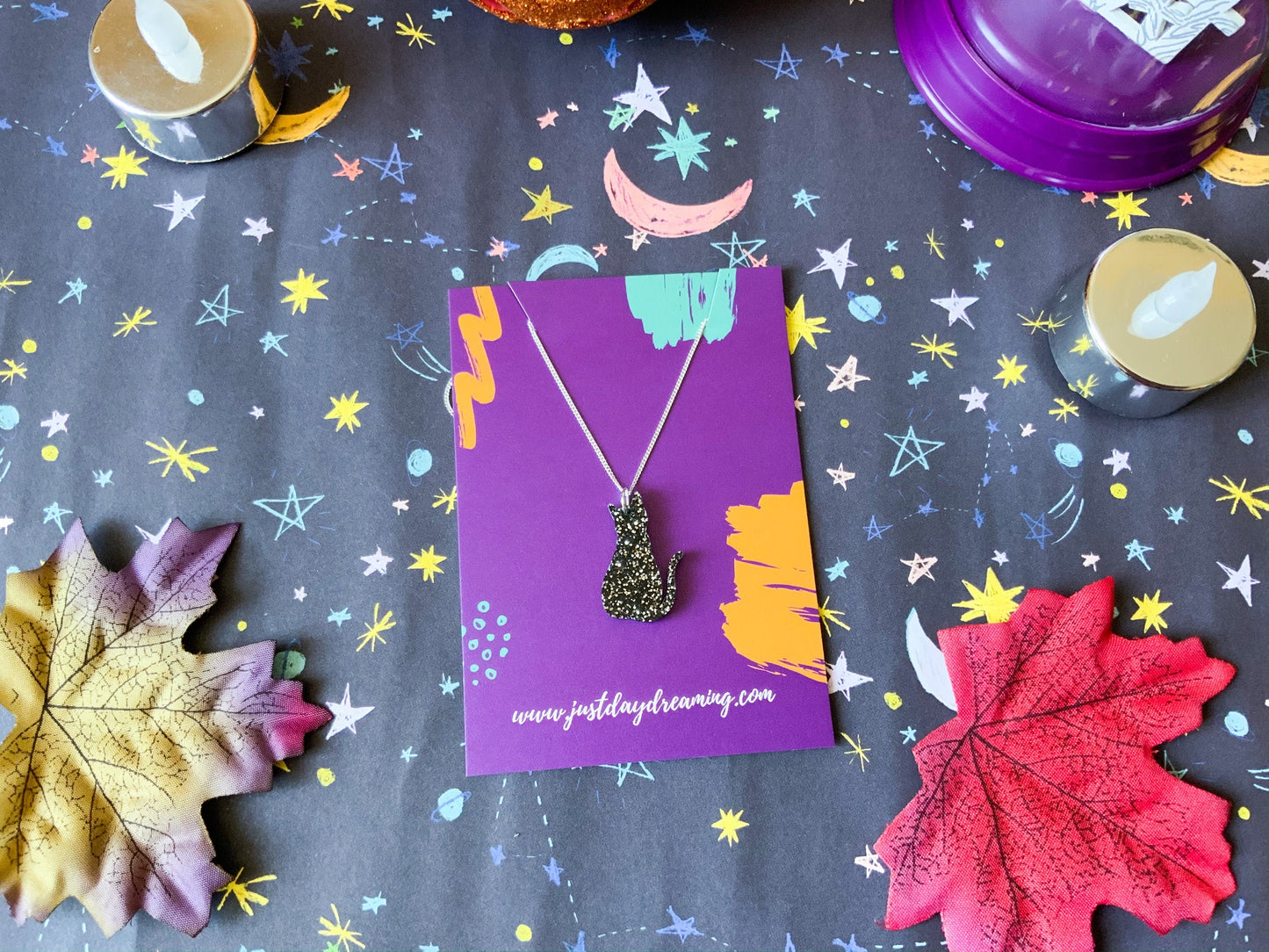Black Cat Glitter Necklace, Cat Lover Gift