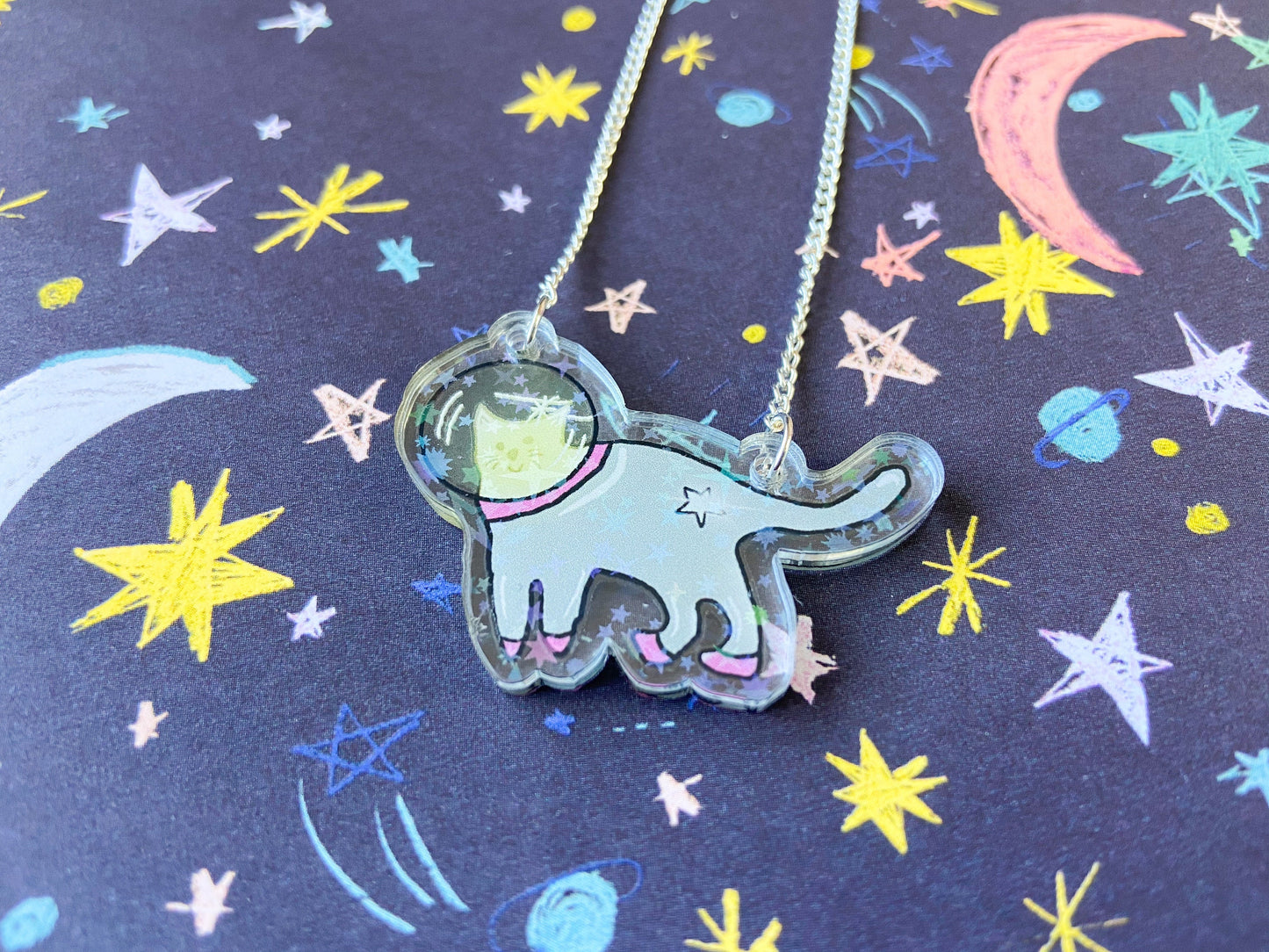 Space Cat Necklace, Holographic Star Jewellery