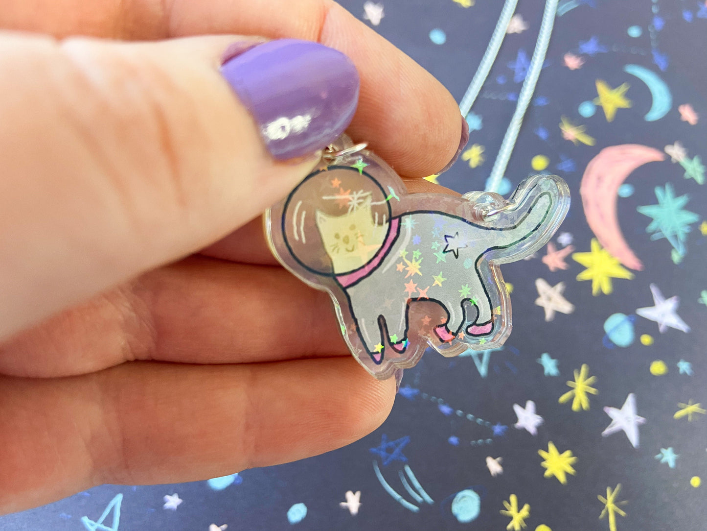 Space Cat Necklace, Holographic Star Jewellery