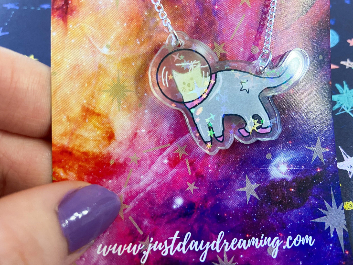 Space Cat Necklace, Holographic Star Jewellery