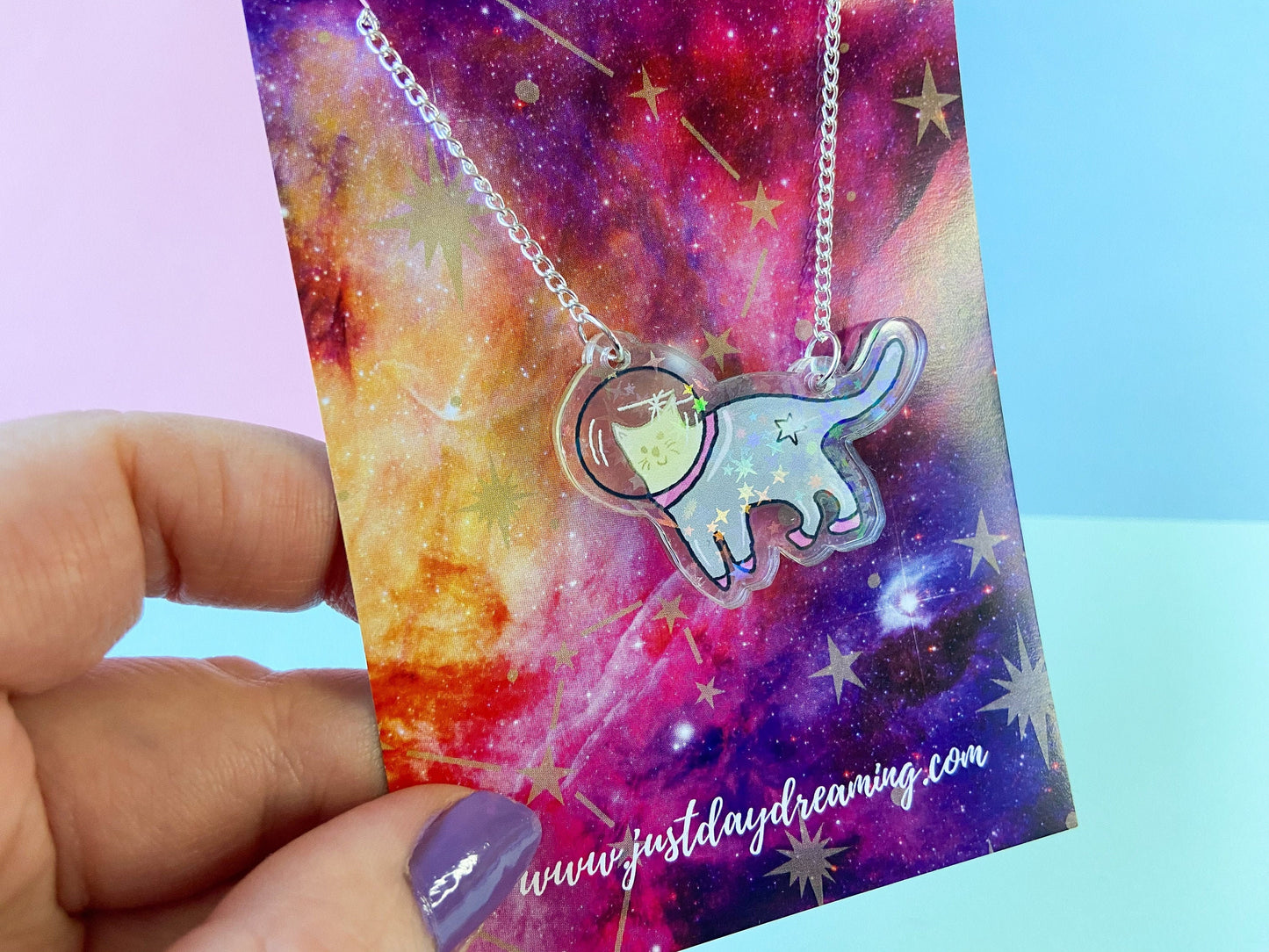 Space Cat Necklace, Holographic Star Jewellery