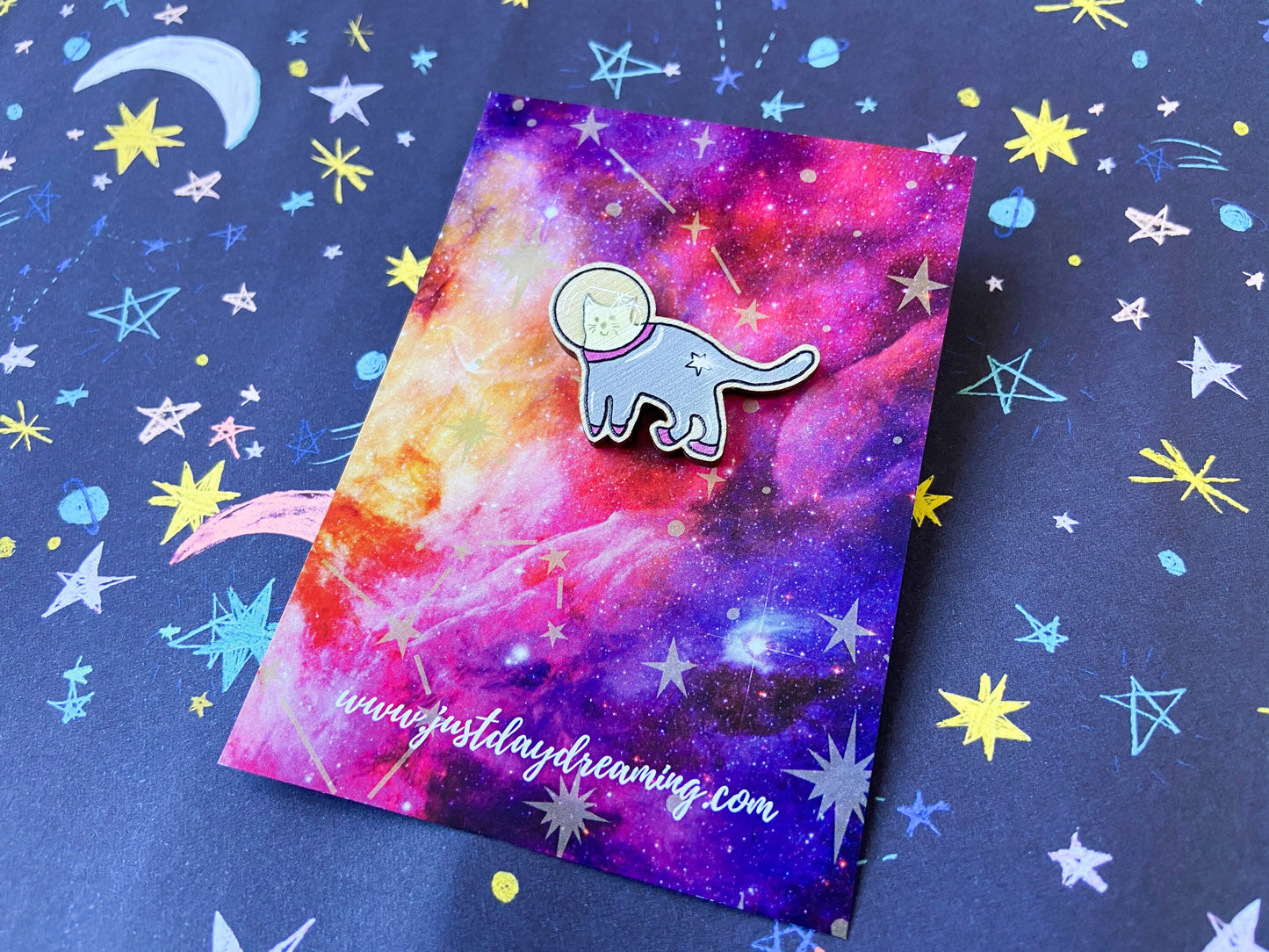Space Cat Wooden Pin Badge
