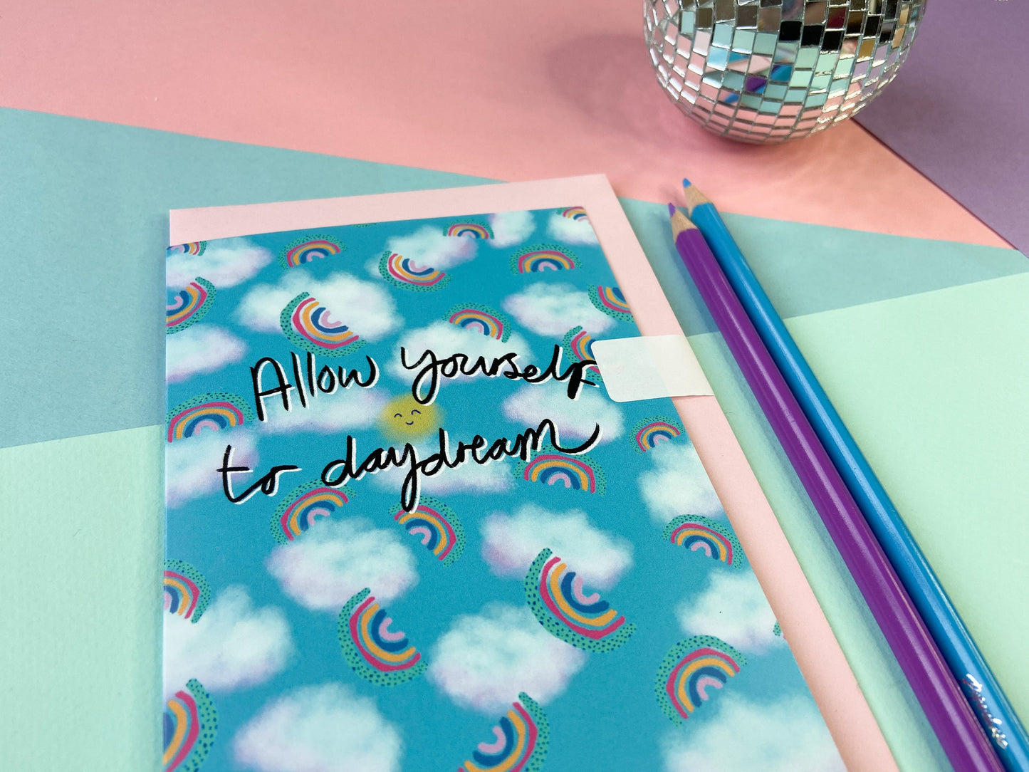 Allow Yourself to Daydream Card, Rainbows and Cloud Pattern