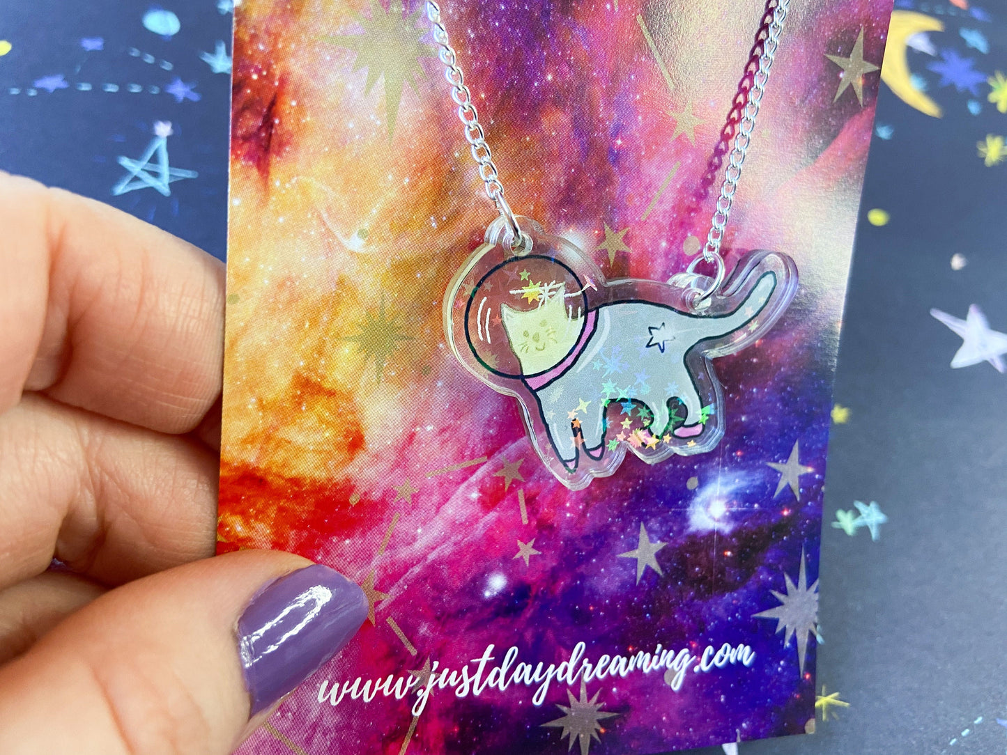 Space Cat Necklace, Holographic Star Jewellery