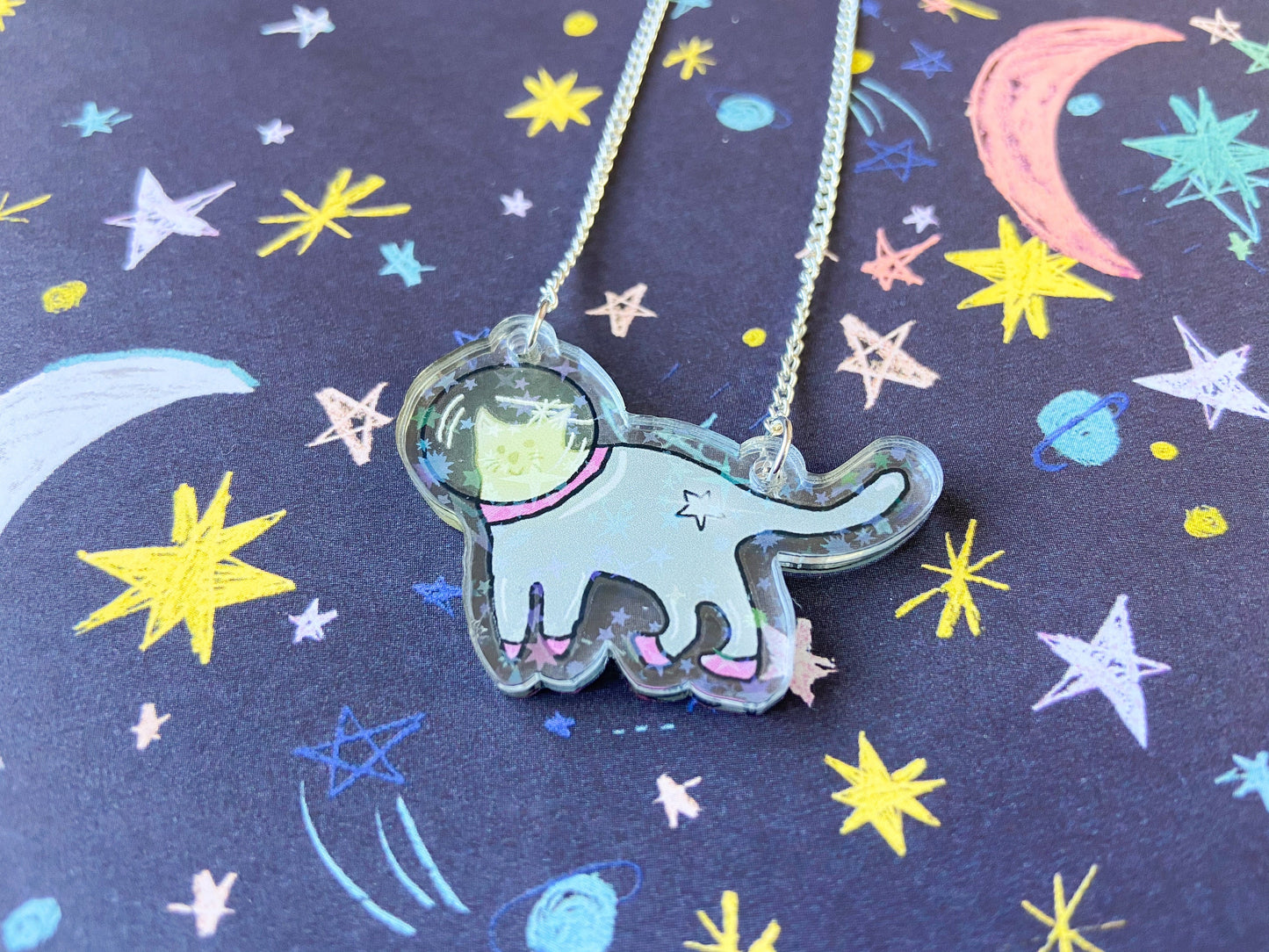 Space Cat Necklace, Holographic Star Jewellery