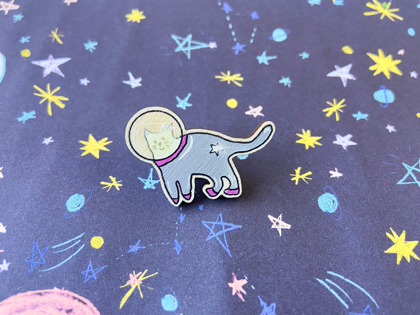 Space Cat Wooden Pin Badge