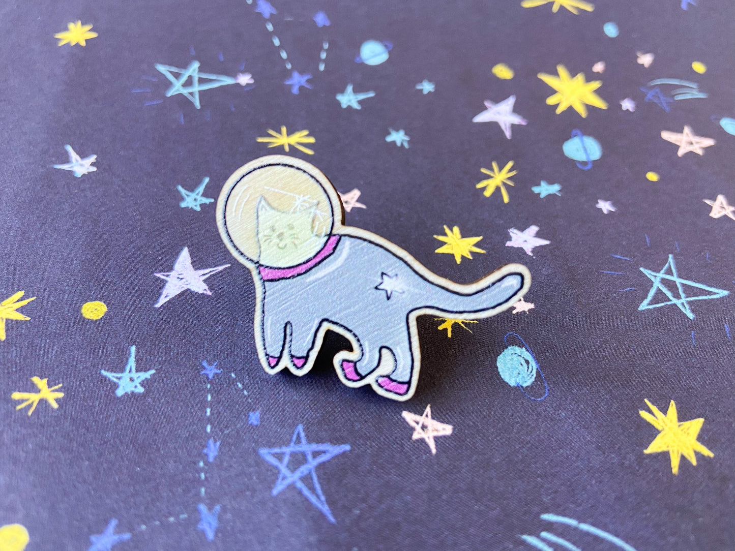 Space Cat Wooden Pin Badge