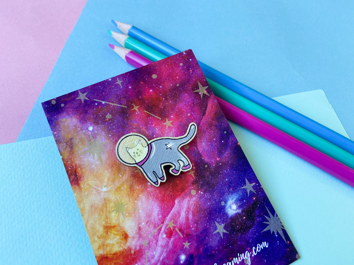 Space Cat Wooden Pin Badge