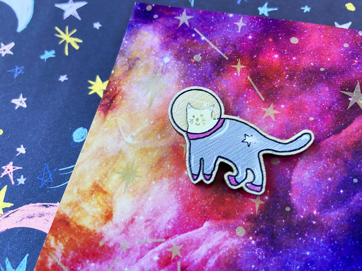 Space Cat Wooden Pin Badge