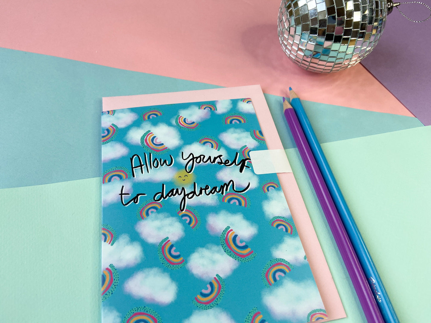 Allow Yourself to Daydream Card, Rainbows and Cloud Pattern