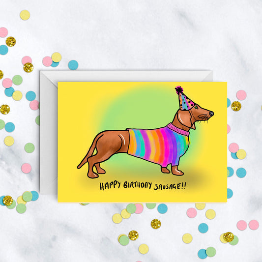 Happy Birthday Sausage Dog Card, Rainbow Dachshund