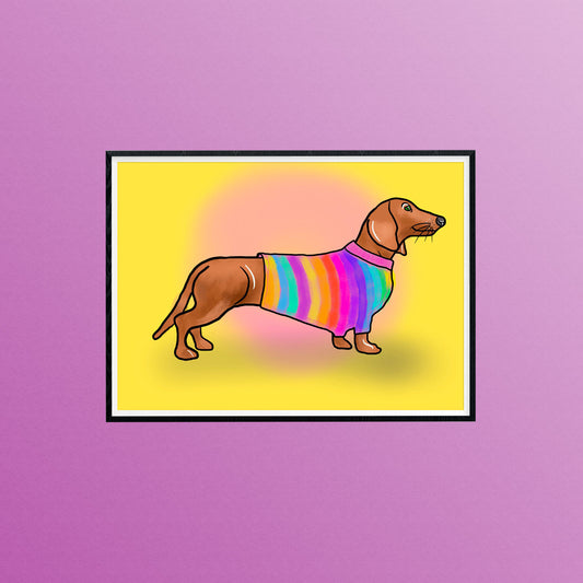 Dachshund in Rainbow Jumper A4 Print, Sausage Dog Art