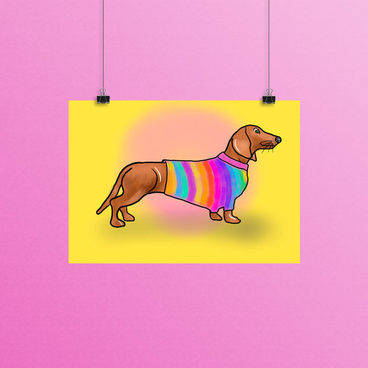 Sausage Dog Small A5 Print, Rainbow Dachshund