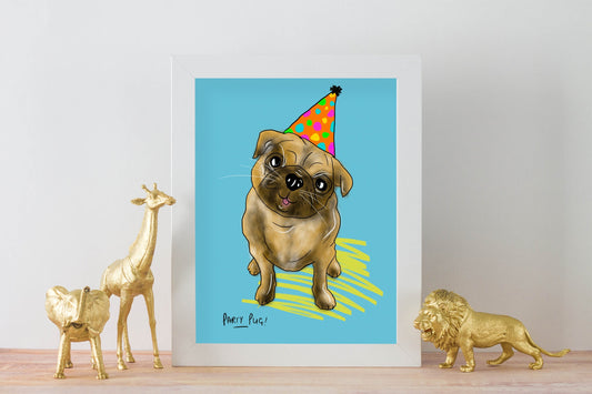 Party Pug A4 Print, Dog Lover Art