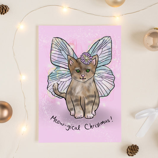 Whimsical Magical Cat Christmas Card, Fairy Kitten Christmas