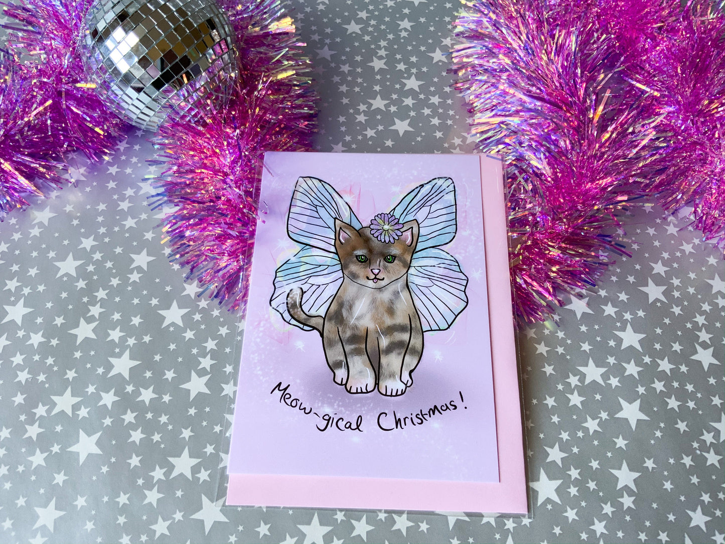 Whimsical Magical Cat Christmas Card, Fairy Kitten Christmas