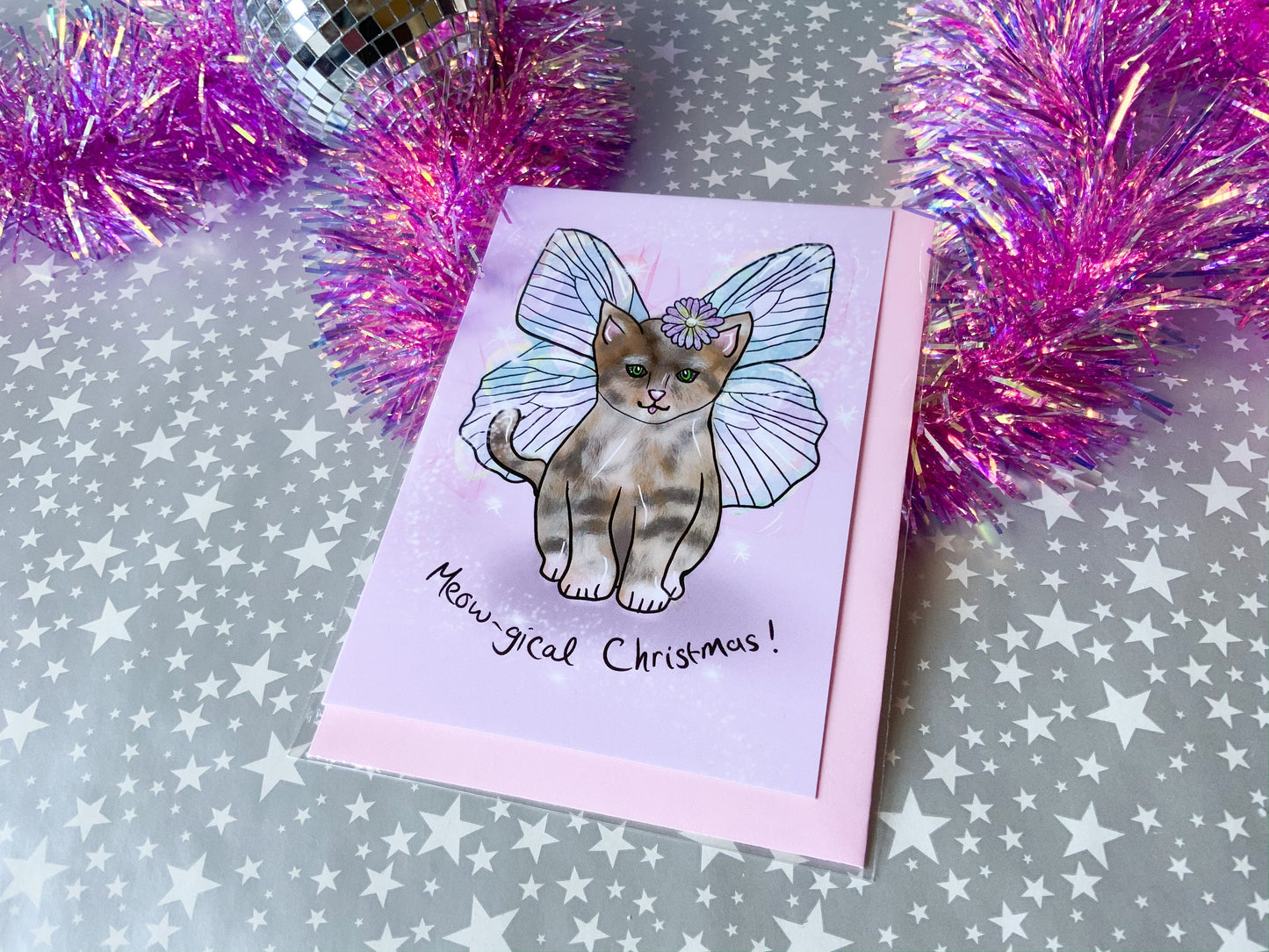 Whimsical Magical Cat Christmas Card, Fairy Kitten Christmas