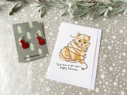 Glitter Cat Earrings and Christmas Card Set