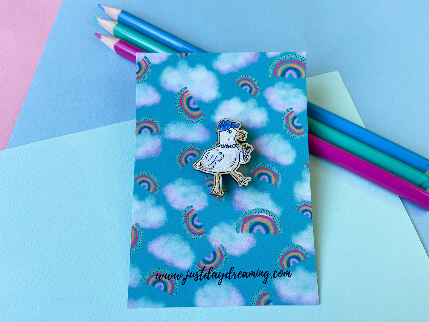 Seagull Wooden Pin Badge, Bird Brooch