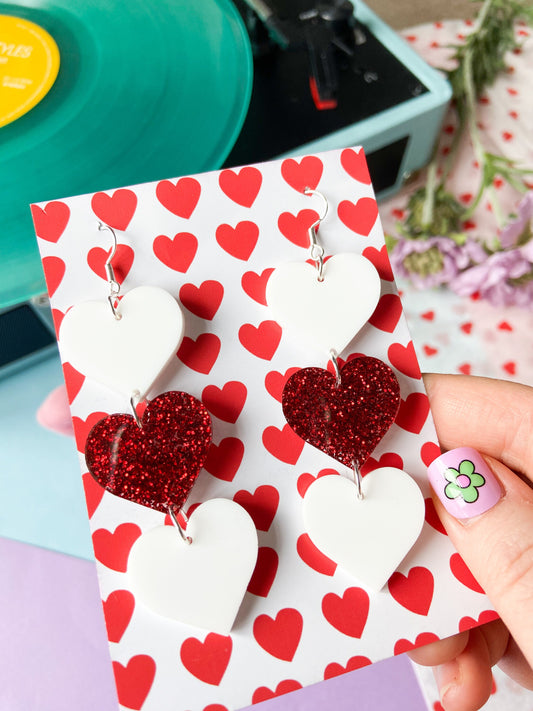 Red and White Heart Earrings, Harries Jewellery